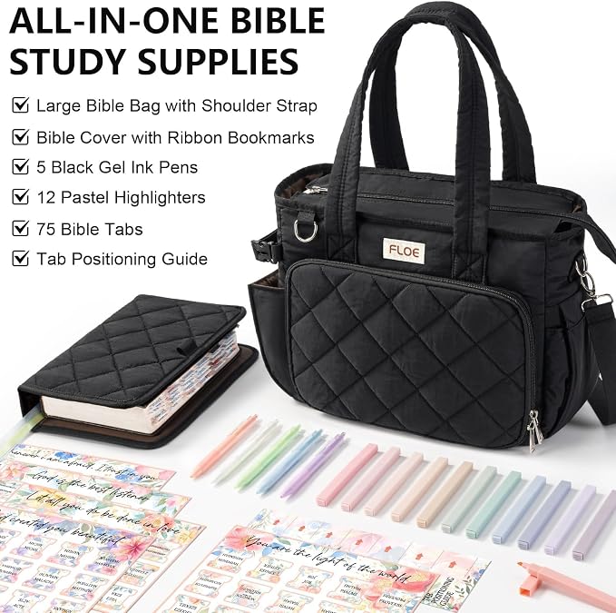 Large Bible Bag w/Bible Cover Case for Women, Puffer Bible Tote Bag Quilted Church Bag Carrying Case w/Shoulder Strap, Bible Study Supplies Journaling Kit Accessories Women Christian Mothers Day Gifts