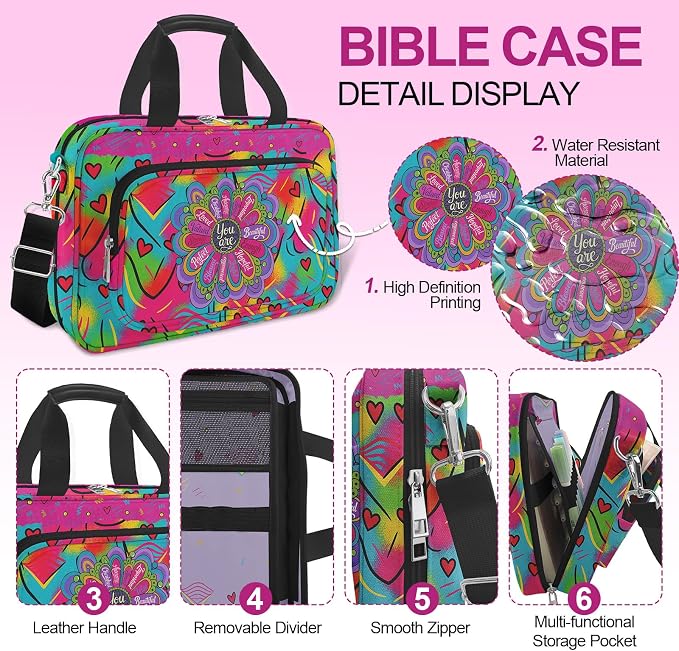 Large Bible Cover for Women,Bible Carrying Case,Bible Bag for Girl Kid,Bible Holder Organizer,With God Says You Are,Bible Study Supplie Kit With Highlighters,Tabs,Pens,Christian Gifts - Tie Dye Hearts