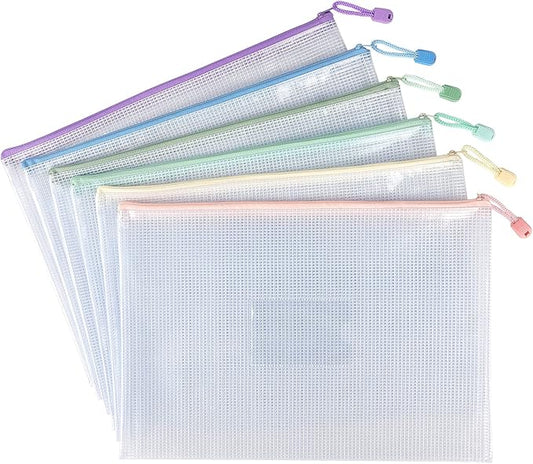 Tamaki 6 Pack Mesh Zipper Pouch with Label Pocket, Waterproof Zipper Bags, Document Bag Letter/A4, Durable Pouches for Organization Bag Board Game Storage