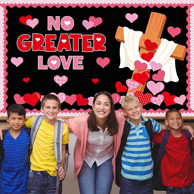 Valentines Day Bulletin Board Decorations Set NO Greater Love Religious Heart Paper Cutouts Classroom Decor for Christian Church School Wall Decoration Supplies