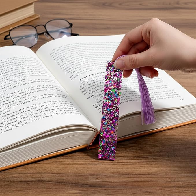 4Pcs Glitter Bookmarks for Girls, Acrylic Bookmark with Colorful Tassels for Women Girls Book Lovers Birthday Gifts Reading Presents (Purple+Pink)