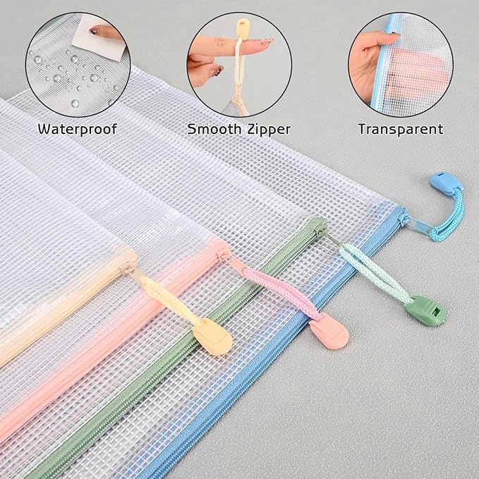 10Pcs Mesh Zipper Pouch Bags, A4 Sizes Waterproof Zipper Pouches for Organization Storage, Clear Plastic Bag for Classroom Organization and School Office Storage (A4)