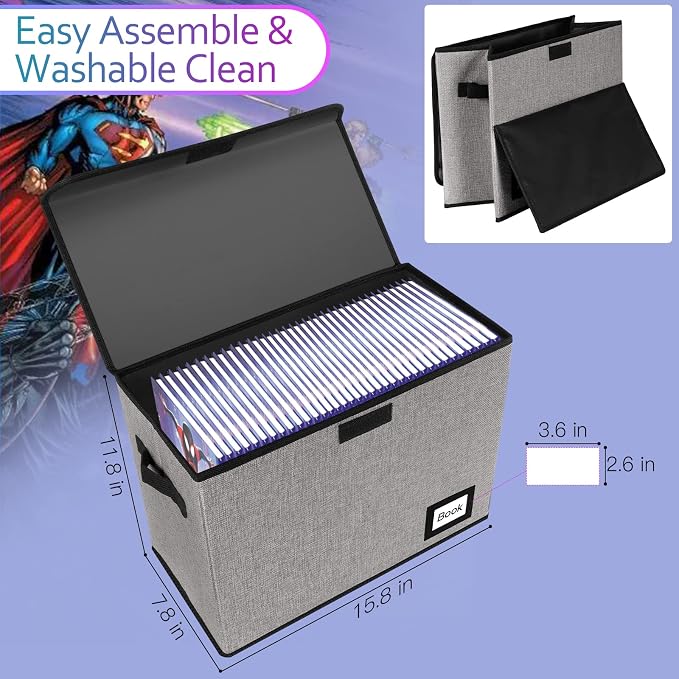 Collection Comic Book Storage Box, 15.8" X 7.8" X 11.8", Collapsible Comic Short Box, Holds 160-180 Comic Book, Heavy Duty Bin Container Holder Shelf Protector Organizer (Grey)