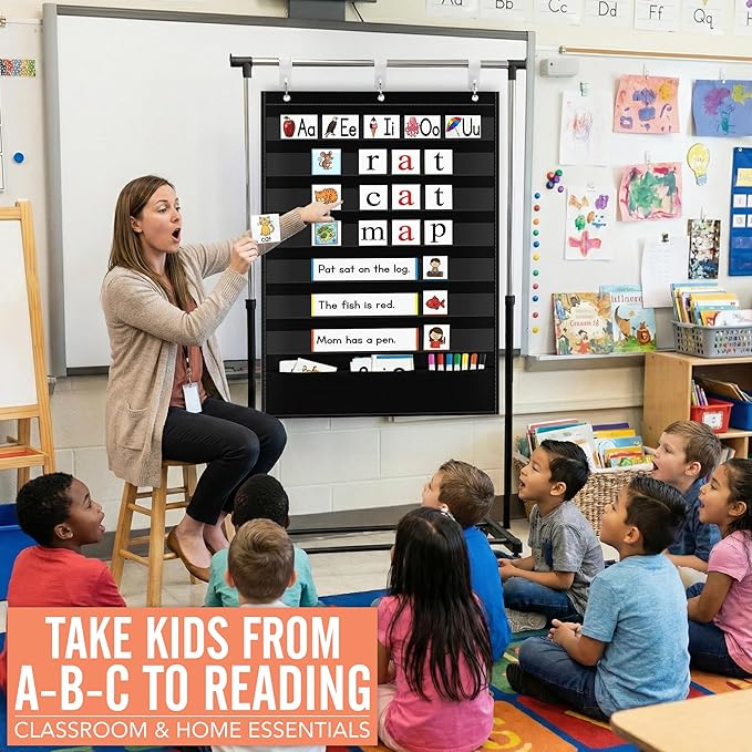 Pocket Chart for Classroom - 7+1 Black Pocket Chart for Alphabet Learning Word Wall Calendar Daily Schedule Sentence Strips Sticker Display, Teacher Supplies for Preschool Kindergarten & Home