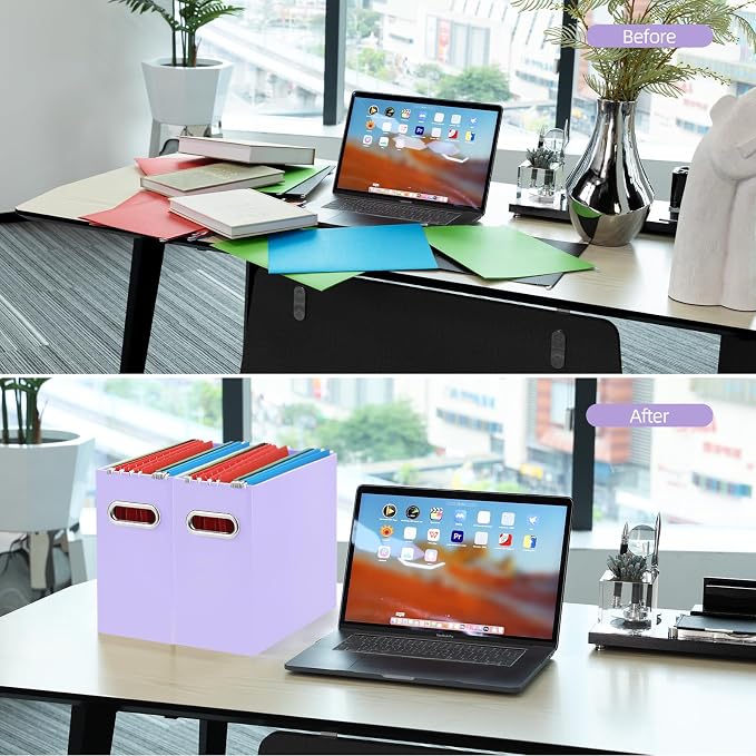 Oterri File Organizer Box, Portable Collapsible Cardboard File Folder Organizer with Handle for Letter Size Hanging Files, Document Storage Box for Home Office & Classroom (8 Packs, Purple)