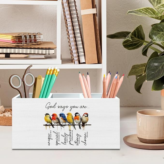 DILSJ Christian Bird Pen Pencil Holder Organizer for Desk, Inspirational Christian Gifts for Women, God Says You Are Bible Verse Bird Wooden Box Signs for Home Office Desk Tabletop Decoration