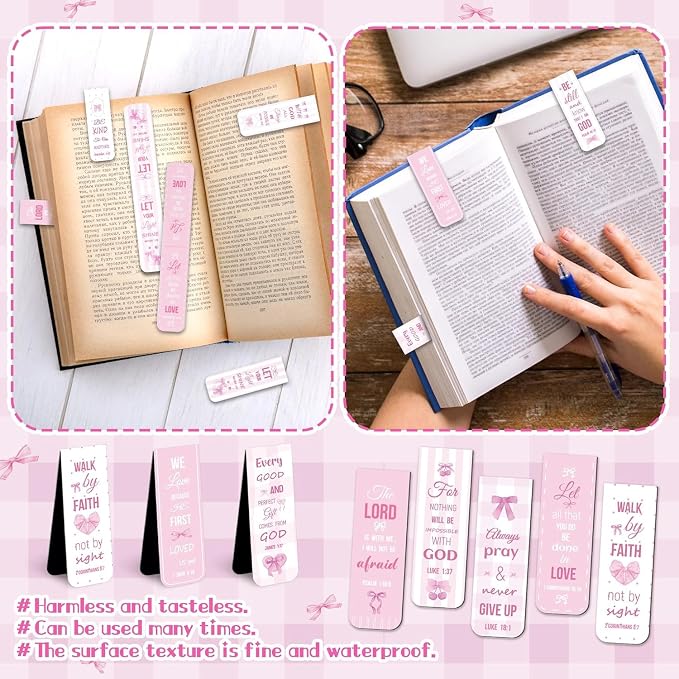Haooryx Bible Verse Magnetic Bookmarks - 48 Pcs Pink Scripture Verse Inspirational Christian Religious Magnetic Clip Book Marks Motivational Book Page Markers Church Activity Party Favor Reading Lover