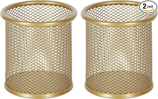 EasyPAG Pencil Holder for Desk, 2 Pack Metal Pen Organizer, Mesh Pencil Cup Organizer for Home, Office, Classroom, School,Gold