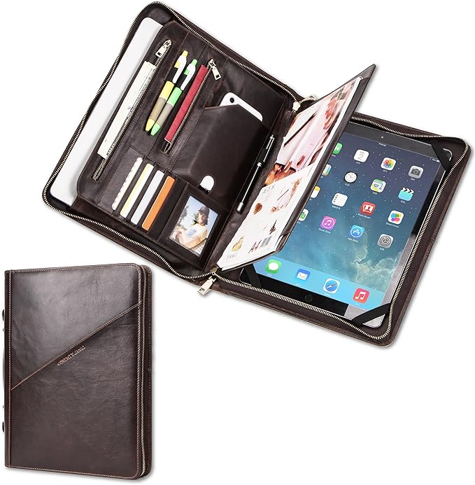 Top Grain Leather 12.9" Large Portfolio, Solid Vintage Design, Handmade, Large Capacity Multi-Functional Business Zip Padfolio, Suitable for Cards/Tablet/Phone/A4 Doc, Dark Coffee 12.9 Inch