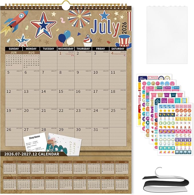 Ospelelf Wall Calendar 2026-2027 with Storage Pockets, 17" X 12" Monthly Large Planner Pad with Protective Cover and Stickers, for Family Fridge Office Teacher School, Use July 2026 to December 2027 Kraft Season