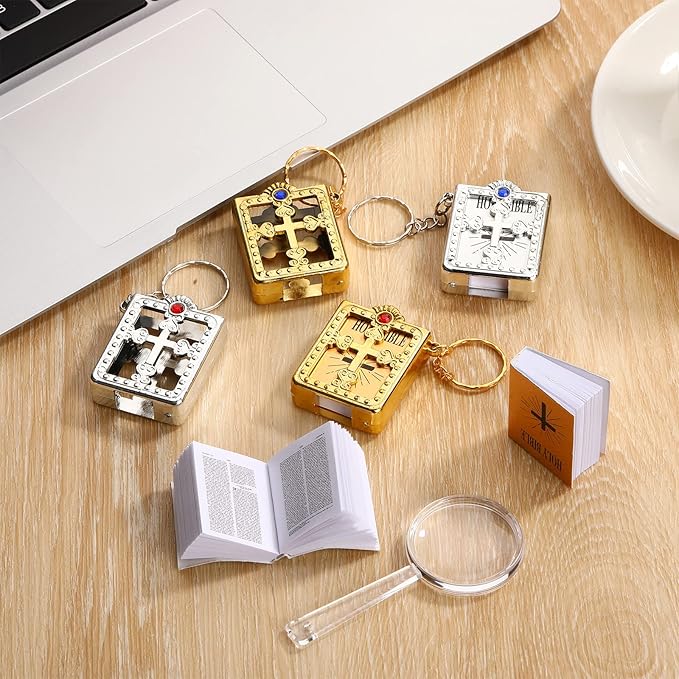 16 Pieces Mini Bible Keychain Small Holy Bible Key Ring Religious Jesus Keychain Souvenir Christian Present for Baptism, Church, Communion with Magnifying Glass, 4 Styles(Stylish Style)