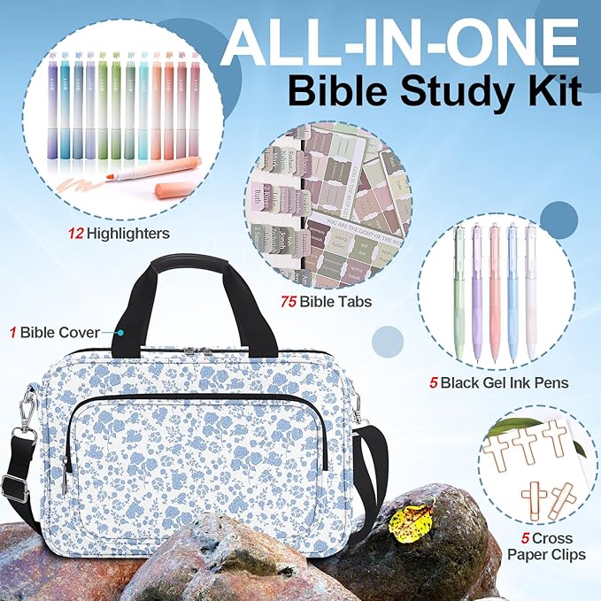 Floral Bible Cover Case for Women Girls,Bible Carrier,Bible Bags for Women Organizer,Bible Holder with Shoulder Strap,Handle,Bible Study Supplies Kit with Highlighters,Tabs,Pens,Christian Gift Blue