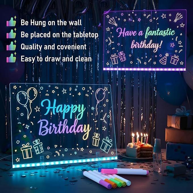 Katze-Tatze 2 Pack LED Note Board with 7 Colors,13.8"x9.8" Acrylic Dry Erase Board 4 Modes Neon Glow Memo Light-Up Message Note Lumiboard with 28 Markers for Home, Office, Festival, Birthday Gift