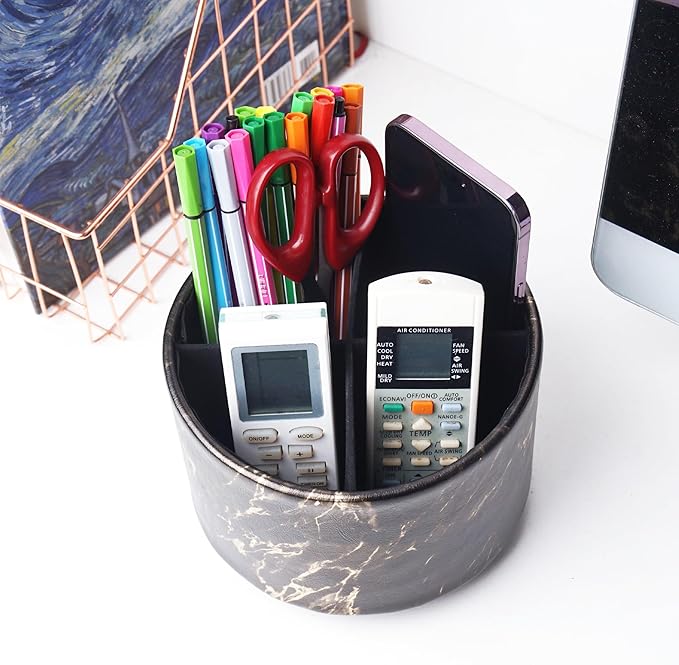 Round Leather Art Supply Organizer,Remote Control Holder,360-degree Rotating Pen Organizer with 4 Compartments(1-Marble Black Gold)