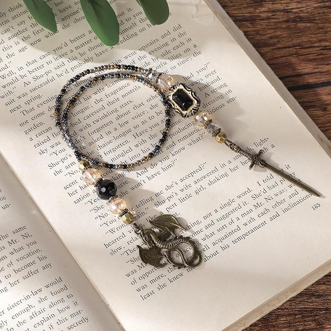 Fantasy Dragon Sword Bookmark - Beaded Chain Dragon Bookmarks, Mysterious Aesthetics Dragons Charm Pendant, Book Marks Gifts for Books Lovers Students Teacher Office School Supplies