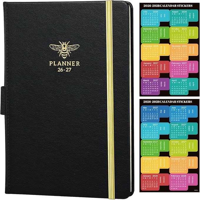 2026-2027 Planner - Planner 2026-2027 Weekly and Monthly with Calendar Stickers, JUL 2026 - JUN 2027, 5.75" x 8.25", Saffiano Leather, Pen Loop, Back Pocket - Black Bee