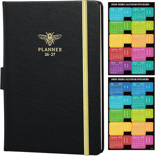 2026-2027 Planner - Planner 2026-2027 Weekly and Monthly with Calendar Stickers, JUL 2026 - JUN 2027, 5.75" x 8.25", Saffiano Leather, Pen Loop, Back Pocket - Black Bee