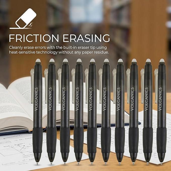 Volcanics Retractable Erasable Gel Pens Soft Black 12 Pack, 0.7mm Click Erasable Gel Ink Pens for Smooth Writing & Easy Erasing, Refillable Erasable Click Pens for School Office Supplies