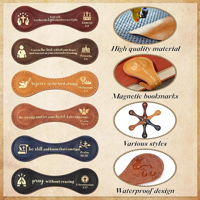 Spakon 6 Pcs Christian Fathers Day Magnetic Bookmark Gifts Bible Bookmarks Religious Personalized Magnetic Leather Book Marker for Men Women Coworkers Teachers Students(Light Color,Stylish)
