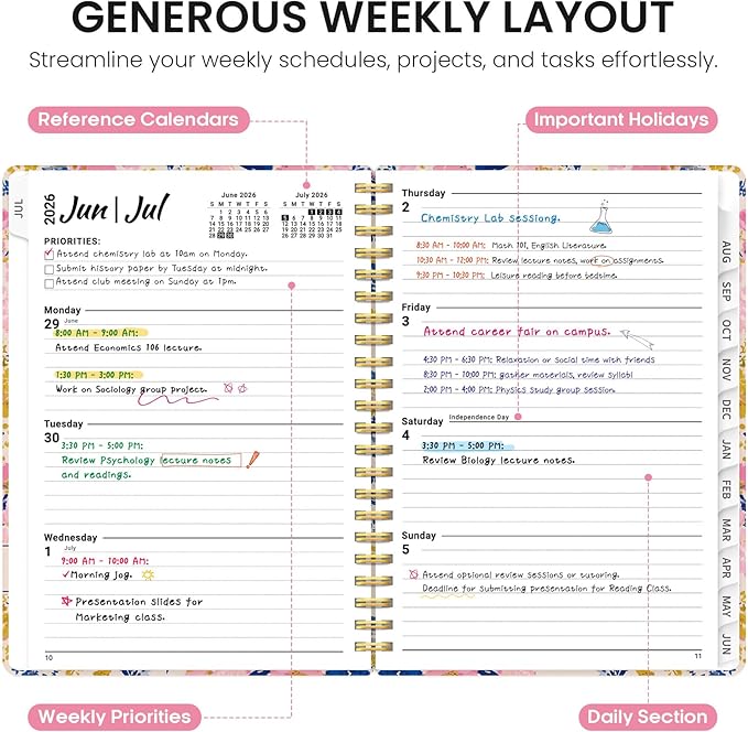 Planner 2026-2027, Academic Year Weekly and Monthly Calender Planner, from Jul 2026 - Jun 2027, Spiral Bound School Planning Book, Perfect for Teacher, Student, Women & Men, A5 (6.3" x 8.5"), Pink Garden