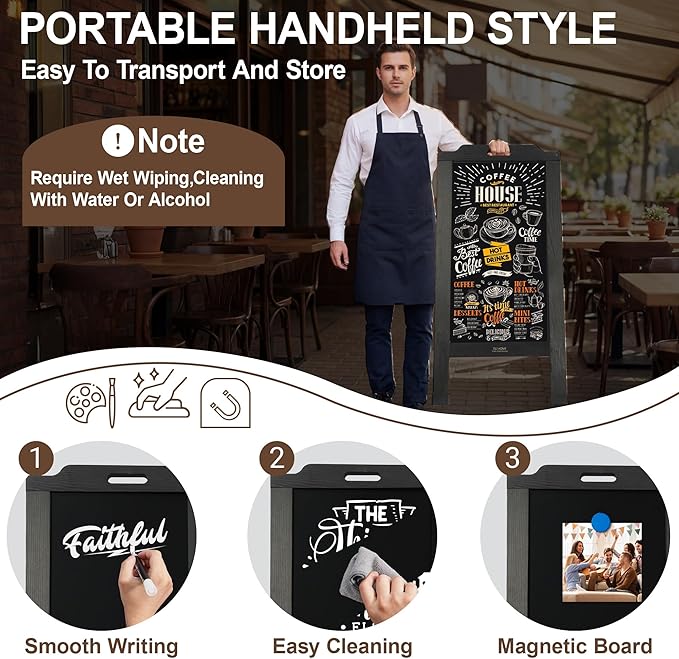Magnetic Portable A-Frame Chalkboard Signs, 40" x 20" Large Wood Sandwich Board Signs Outdoor, Double-Sided Sidewalk Standing Chalk Board for Business, Wedding, Vendor Display, Coffee Shope - Black