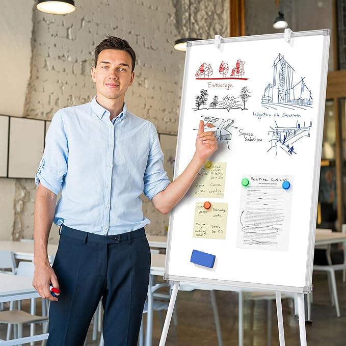 Large Whiteboard Easel with Stand, 40" x 28" Portable Standing Magnetic Dry Erase White Board, Tripod Height Adjustable Flip Chart Easel for Home Office Classroom School, Silver