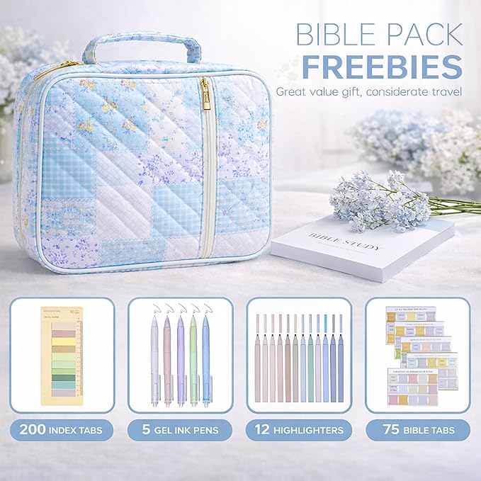 Bible Bag for Women, Bible Cover Case with Study Supplies,Large Quilted Bible Bag with Handle and Zipper, Suitable for Christian Books-Christian Gift for Girls(Blue Patchwork Flowers)