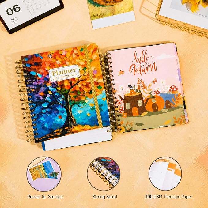 CAGIE Planner 2026-2027 18 Month July 2026-Dec 2027 Weekly and Monthly Calendar Planners Yearly Daily Hardcover 26-27 Planner for Women with Stickers Tabs Spiral Bound Agenda, Tree of Life, 8.3"x9.1