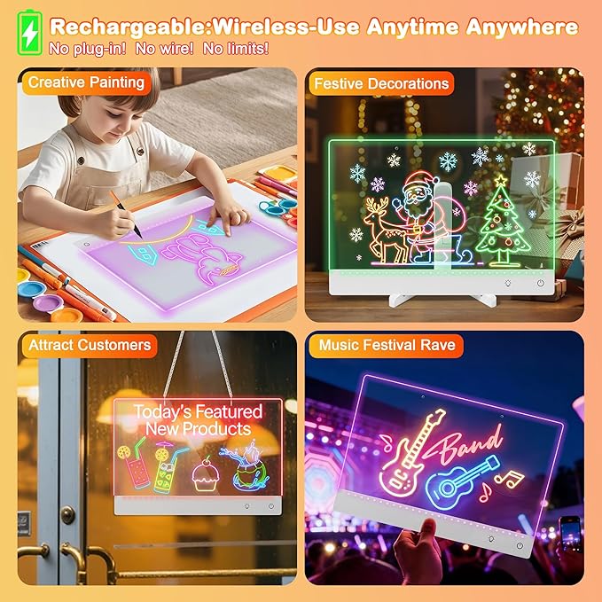Rechargeable Lumi LED Drawing Board with 12 Markers,13.7"x10"LED Note Board Acrylic Dry Erase Board with 7 Colors Light, Doodle Glow Message Board for Birthday Halloween Christmas Gifts(White)