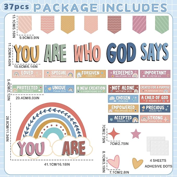 Qyeahkj Boho Christian Bulletin Board Decorations Inspirational Bulletin Board Set Colorful Rainbow God Says You Are Cutouts Motivational Religious Classroom Wall Decor for School Home Church Supplies