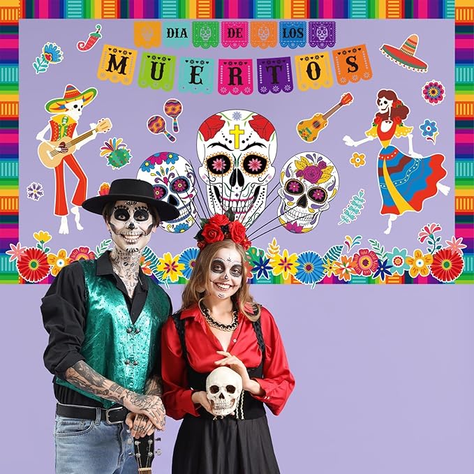 Dia De Los Muertos Bulletin Board Decorations Day of The Dead Altars Decor Colorful Sugar Skull Paper Cutouts Mexican Fiesta Party Supplies for Mexican Home School Halloween Holiday Wall Decor