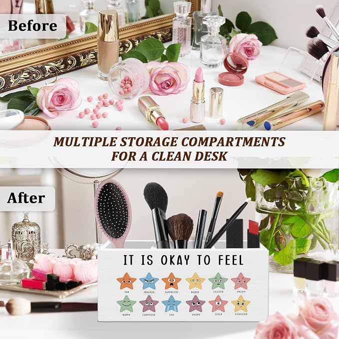 WODMIS Mental Health Classroom Pen Pencil Holder for Desk, It Is Okay to Feel Emotions Chart Wooden Box Organizer Decorations for Classroom Therapy School Counselor Office Desk Accessories Tabletop