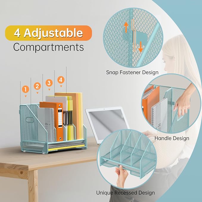 Docnest Desk File Holder Sorter, 4 Vertical Compartments Rack with Letter Tray, Mesh Magazine File Holder with Handle,Workspace Organizers,Desk Organizers for Paper, Mail, Documents-Blue