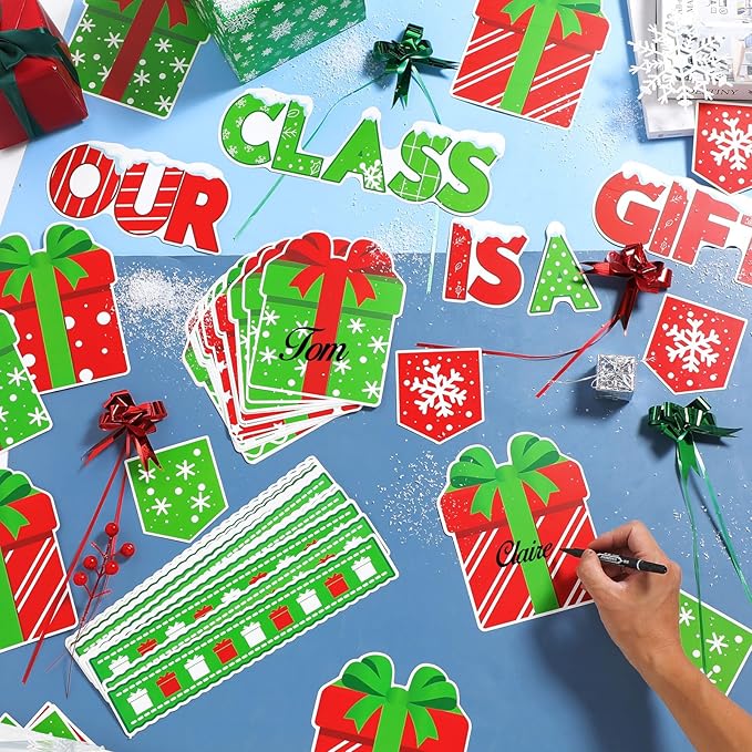 Frienda 108 Pcs Christmas Gift Boxes Bulletin Board Decoration Set Our Class is a Gift Cutouts Christmas Winter Holiday Classroom Decorations for Xmas School Classroom Door Bulletin Board