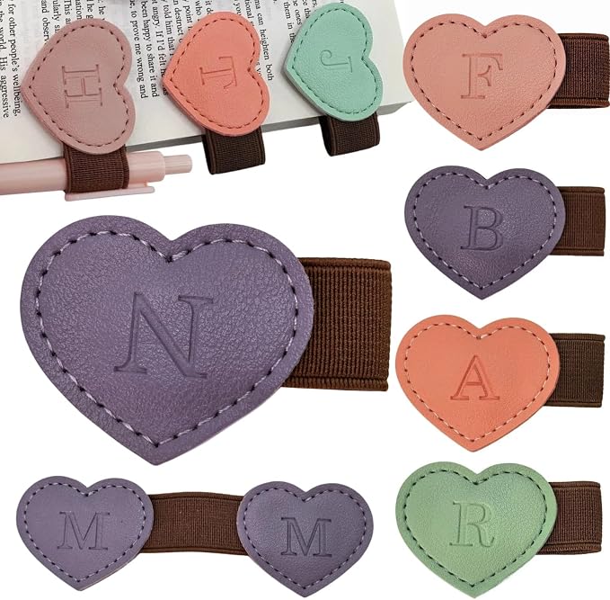 Personalized Magnetic Leather Heart Bookmark with Pen Holder - 26 Letters Custom Book Mark Notebook Pencil Loop with Initial Book Marker for Readers, Book Lovers- Gifts for Women Men(Purple,N)