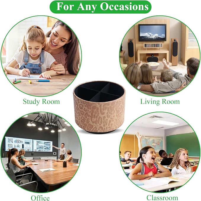 Round Leather Art Supply Organizer,Remote Control Holder,360 Degree Rotating,Multi-Functional Pencil Holder,4 Compartments Desktop Stationary Organizer(1-Leopard Brown)