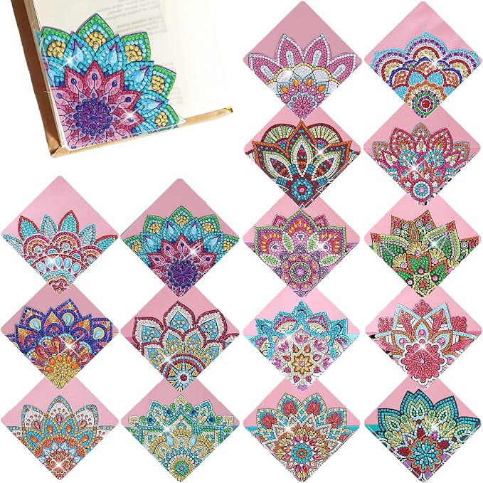 16 Pcs Diamond Painting Bookmark, DIY Corner Book Makers for Book Lovers, Diamond Art Beginners, Small Diamond Art Kits, Paint by Art Crafts Supplies Gift for Women Girls (Mandala)