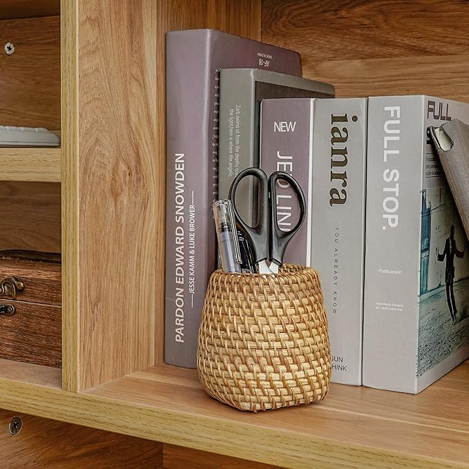SHIDOW Handmade Rattan Pencil Holder, Wicker Pencil Holder, Tea Tools Holder, Tea Cup, Desk Cup Holder, Toothbrush Cup for Small Items, Office and home Desktop Organizer (Style B)