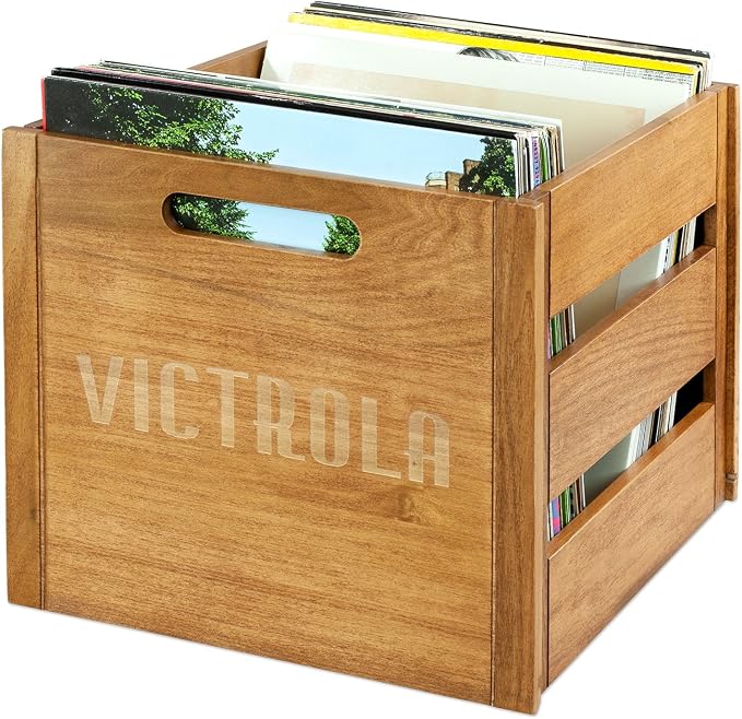 Victrola Wooden Record Crate – Tabletop Vinyl Album Holder, No-Tool Assembly, Holds Over 50 Records, Real Wood Construction, Elegant Design (Natural Wood)