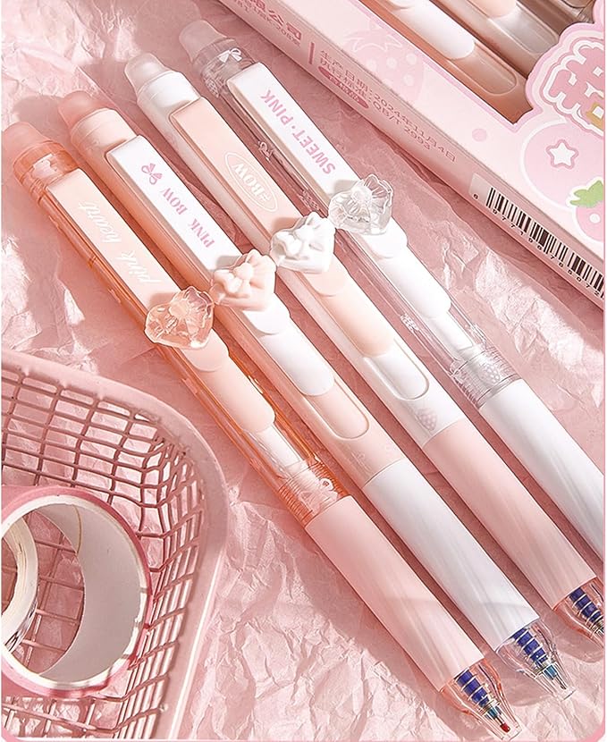 MOZXIRZ 4 Pcs Erasable Gel Pens Cute Pink Retractable Pens Cartoon Heart Erasable Pen 0.5mm Blue Ink Kawaii Writing Pen for Women Girls Boys Office School Supplies (Heart-Blue Ink)