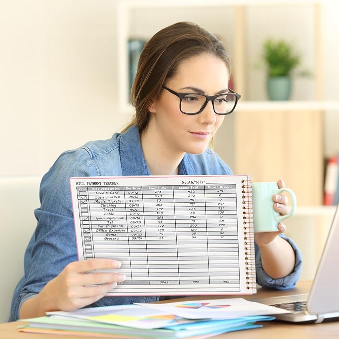 HAUTOCO Bill Tracker Notebook Monthly Bill Payment Tracker for Personal Budgeting Home Financial with 2 Storage Pocket, Payments Checklist Organizer Bill Planner 10.1 x 7.8'', Pink