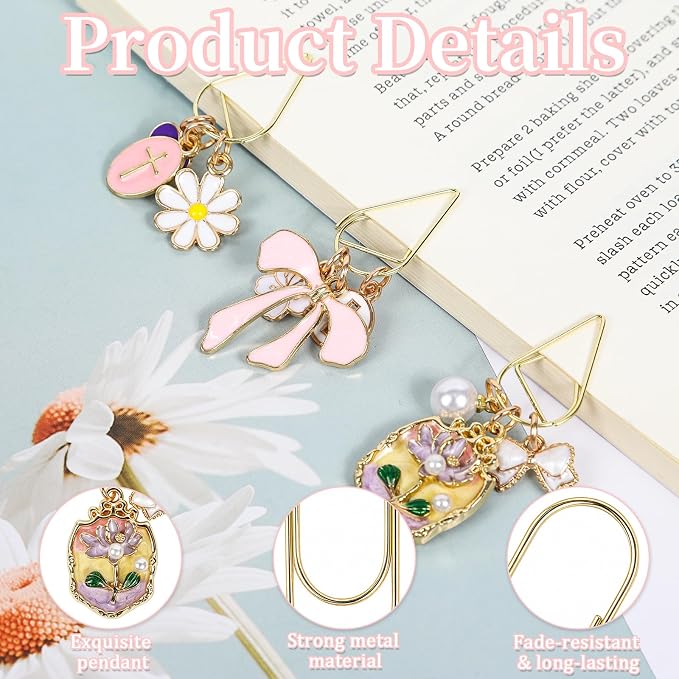 Wxiben Bow Paper Clip Bookmark - 3 Pcs Flower Cross Metal Paperclip Book Mark with Charms Page Marker Planner Decorative Paper Clips Gifts for Women Reading Book Lover School Accessories