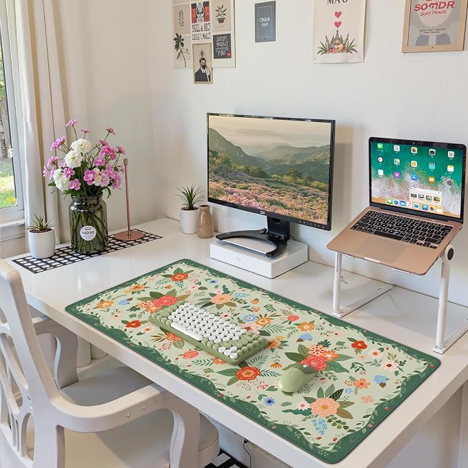 HAOCOO Cute Green Desk Mat, Floral Keyboard & Mouse Pad for Office/School/Home, Waterproof Large Desktop Mat, Non-Slip Cubicle Decor with Stitched Edge, Desk Pad Protector Girly Supplies