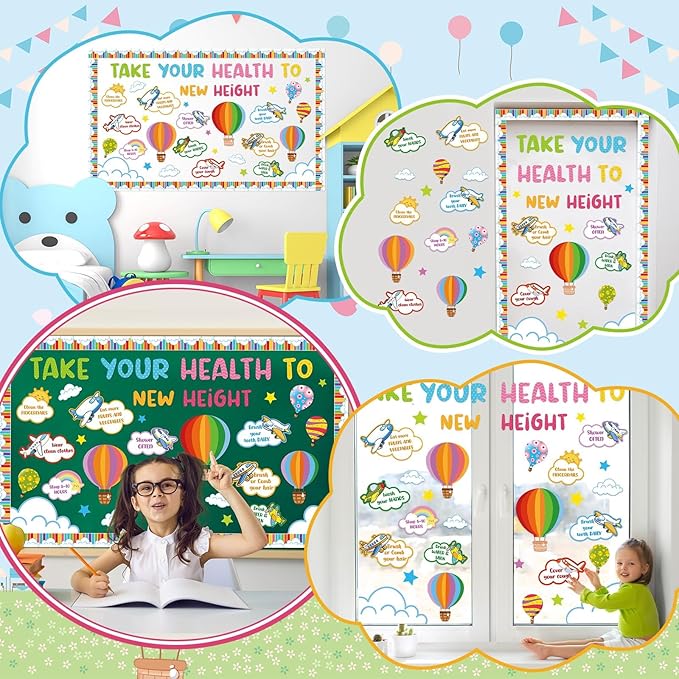gisgfim Hot Air Balloon Healthy Bulletin Board Set Classroom Decoration Healthy Habits Paper Cutouts Colorful Bulletin Board Borders for Classroom Back to School Chalkboard Wall Decoration Supplies