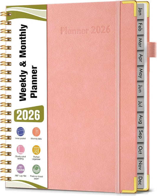 2026 Planner, Hardcover Leather Weekly and Monthly Planner, January 2026 - December 2026, Spiral Yearly Agenda Organizer Book 2026 with Tabs, Daily Calendar Planners for School Work Home, A4 (8.5" x 11"), Pink