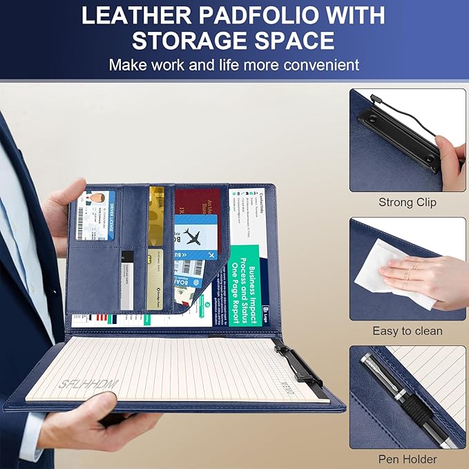 Clipboard Padfolio with Storage Pocket,Clipboard Folder Portfolio Organizer,360 Degree Foldable Clipboards with Refillable Notepad,Faux Leather Padfolio Organizer for Office School Supplies-Blue