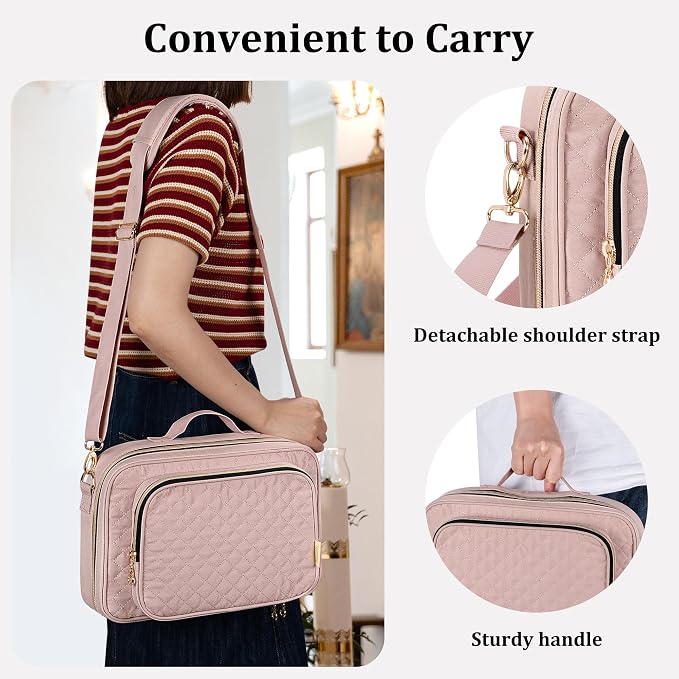Teamoy Large Bible Cover, Women Bible Carrying Case Church Bag with Straps and Pens Holder, Bible Study Religious Supplies Tote Bag, Pink Quilted