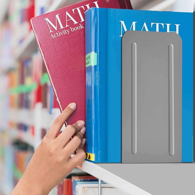 Acrimet Bookends for Shelves, Heavy Duty Steel Metal Book Ends, Non-Skid Book Stopper, Book Storage Holder for Home, Library, Jumbo Large Size 9" H x 4" W x 4 1/2" D, (Silver) (1 Pair / 2 Pieces)