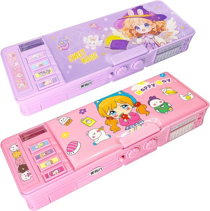 【2Pack】Pop Up Multifunction Pencil Case for Girls and Boys, Cute Cartoon Pen Box Organizer Stationery with Lock, Sharpener, Schedule, Whiteboard, School Supplies, Best Gifts for Kids (Purple+Pink)