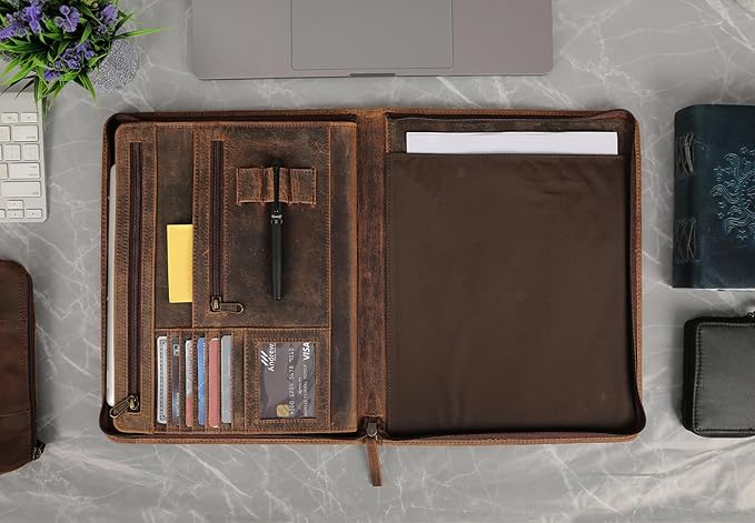KomalC Leather Portfolio with Zipper Closure | Business Padfolio for Documents, Tablets & Accessories | Vintage Full-Grain Leather Organizer for Professionals